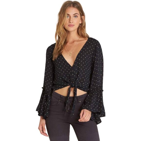 Billabong Lust Wild Blouse Top Flared Sleeve Black Polka Dot Button Down Tie L - Picture 1 of 8